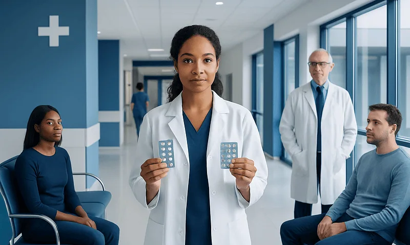 Doctor holding medication tablets in hospital corridor.