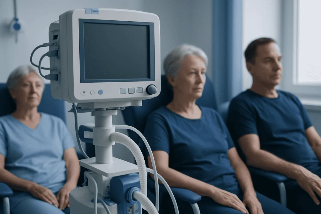 Patients waiting in a hospital corridor with medical monitor in foreground.