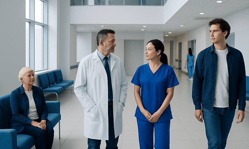 Medical team consulting in hospital corridor with patient and visitors.