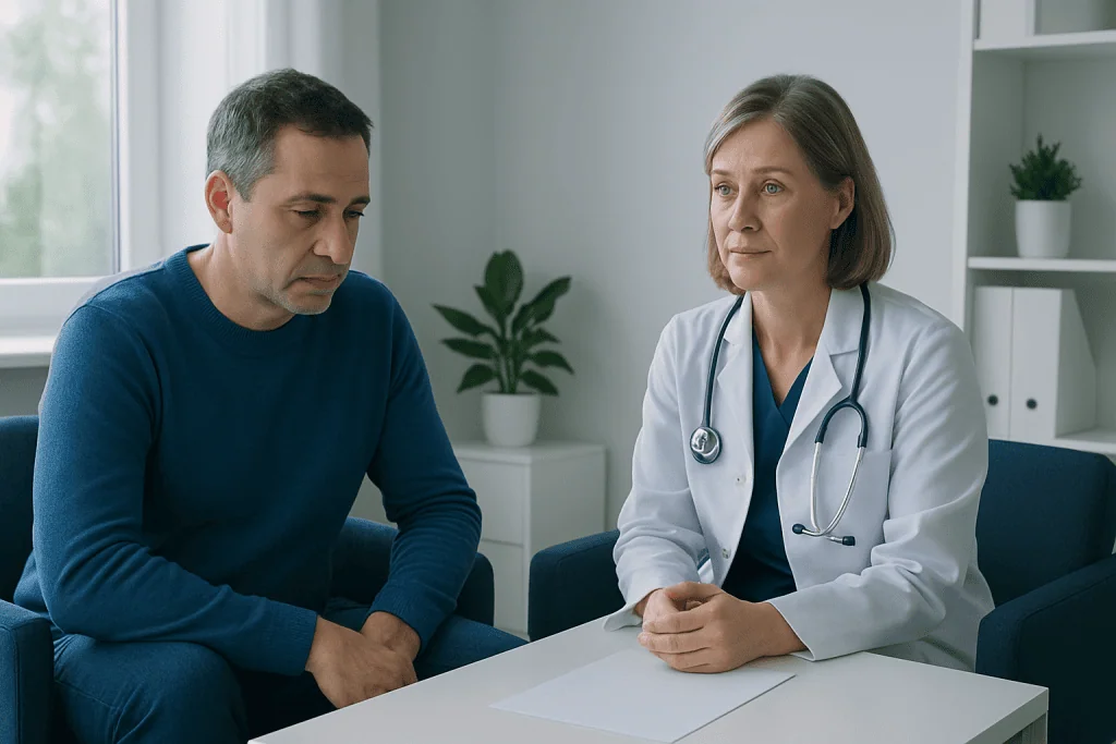 Doctor consulting with a patient in a modern medical office.