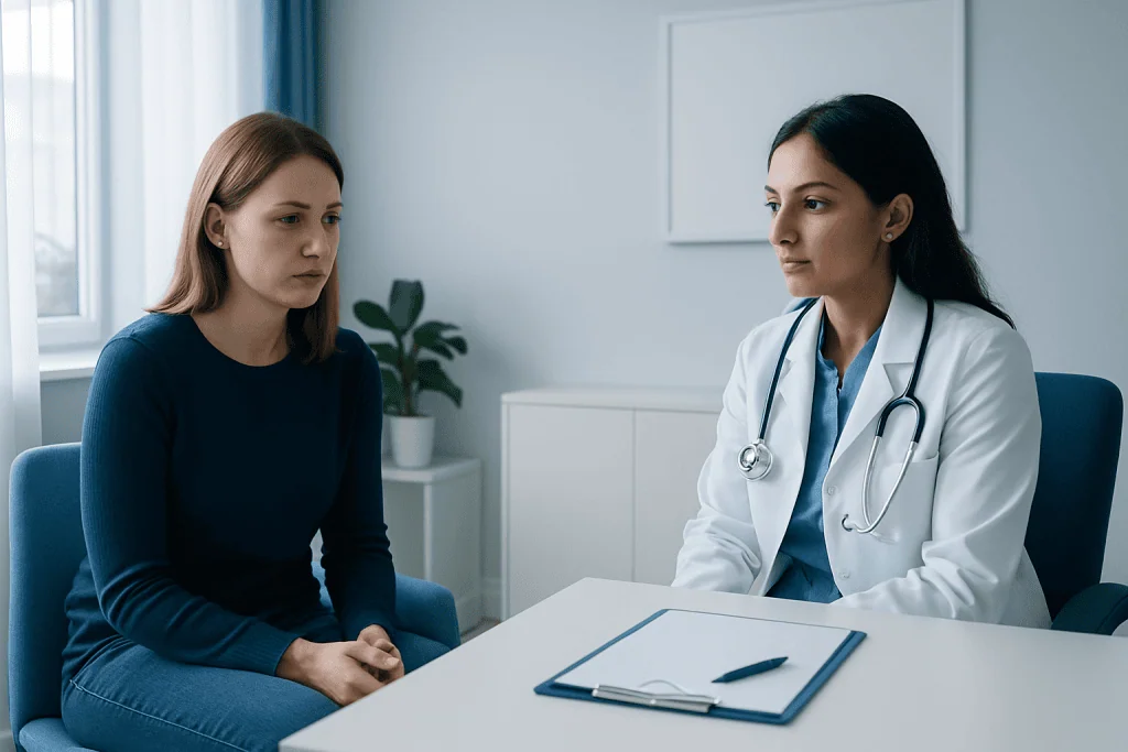 Doctor consulting with a young female patient in a medical office.
