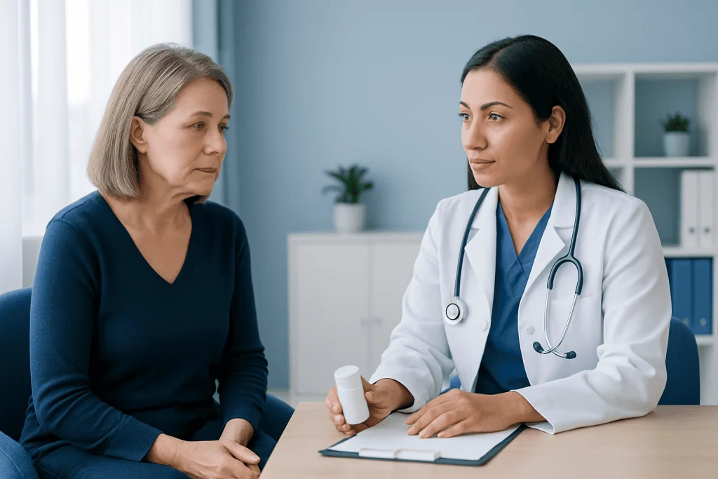 Doctor discussing medication with a patient in a clinical setting.