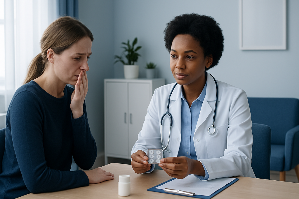 Doctor explaining cold medication to a patient in a consultation room.