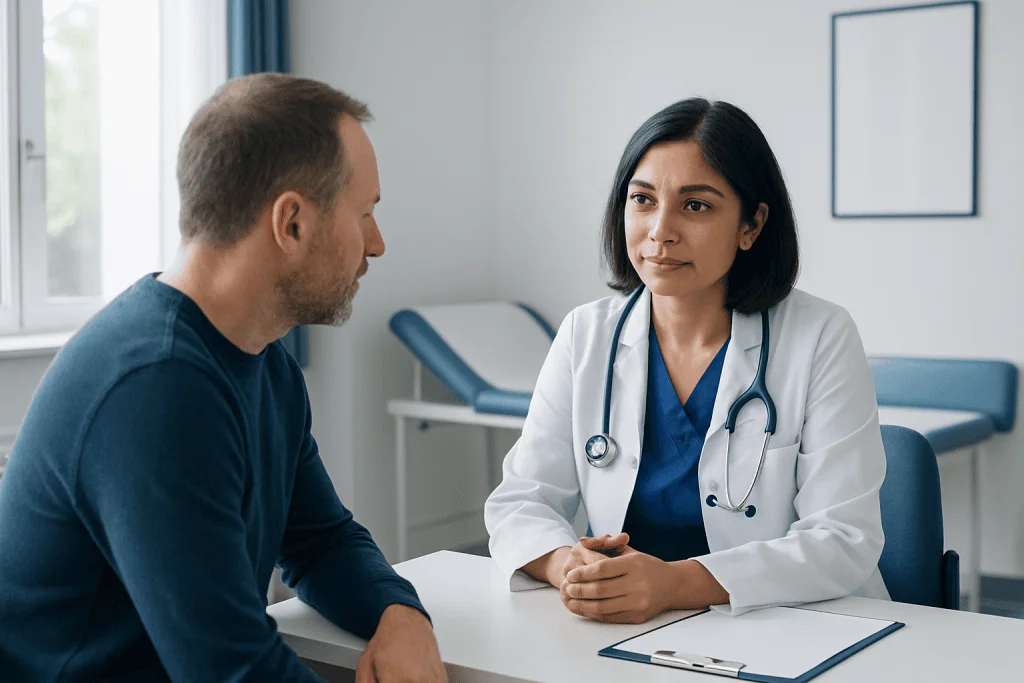 Doctor consulting with a patient in a medical office setting.