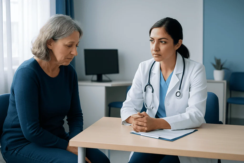Doctor consulting with an elderly female patient in a medical office.