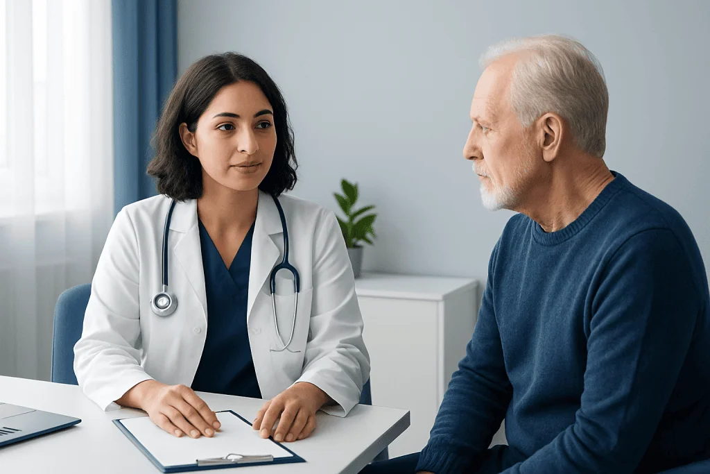 Doctor consulting with senior male patient in hospital setting.