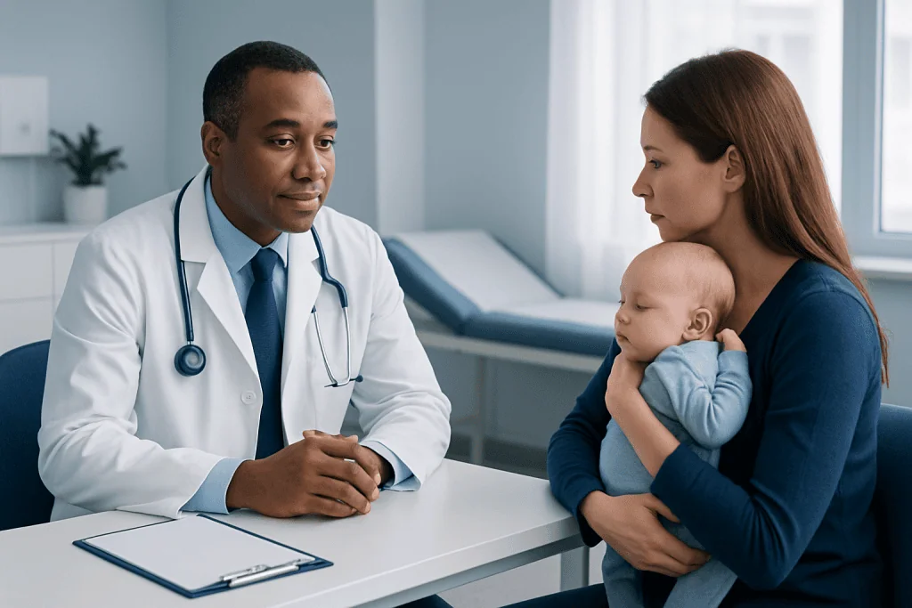 Doctor consulting with mother and baby in a hospital setting.