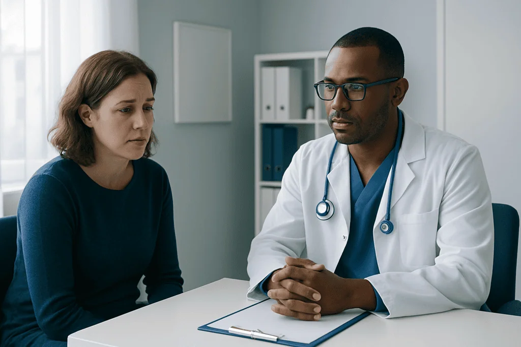Doctor consulting with a female patient in a medical office setting.
