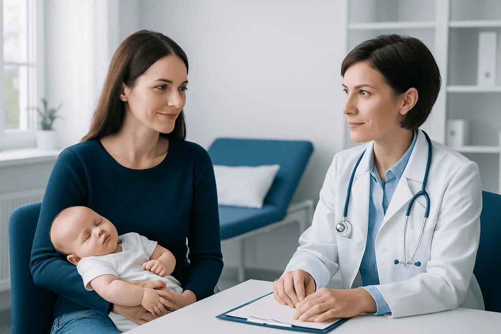 Pediatric consultation with mother and baby at a hospital.