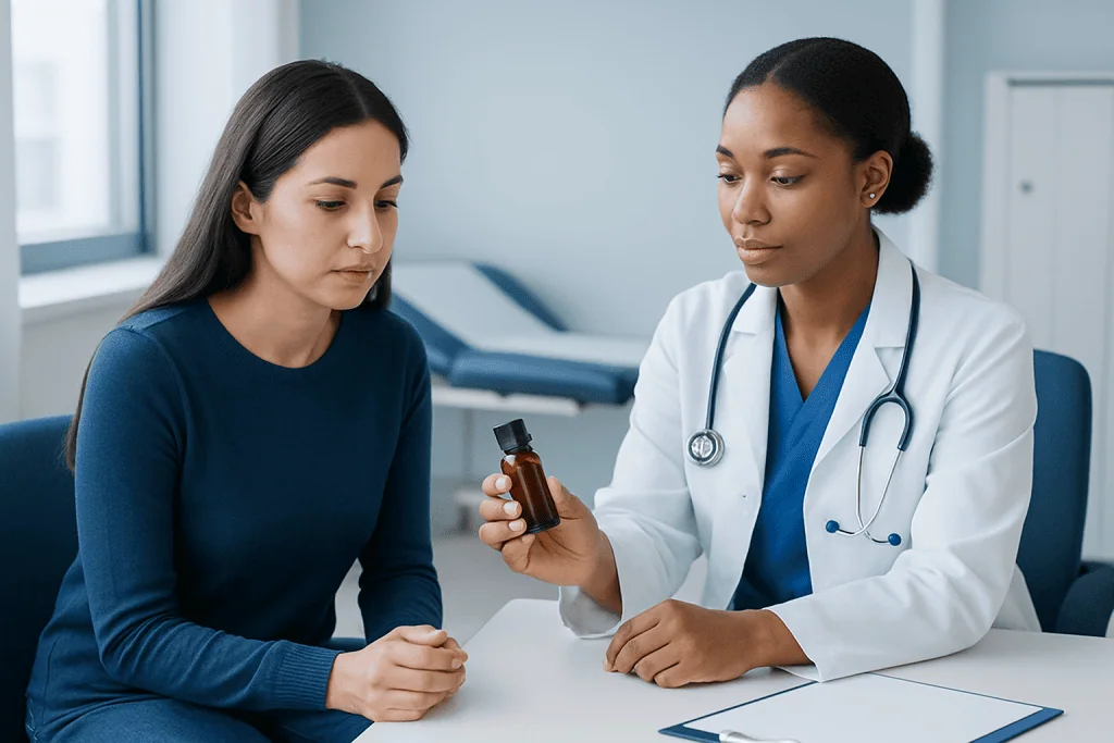 Doctor explaining essential oils to a patient in a clinical setting.