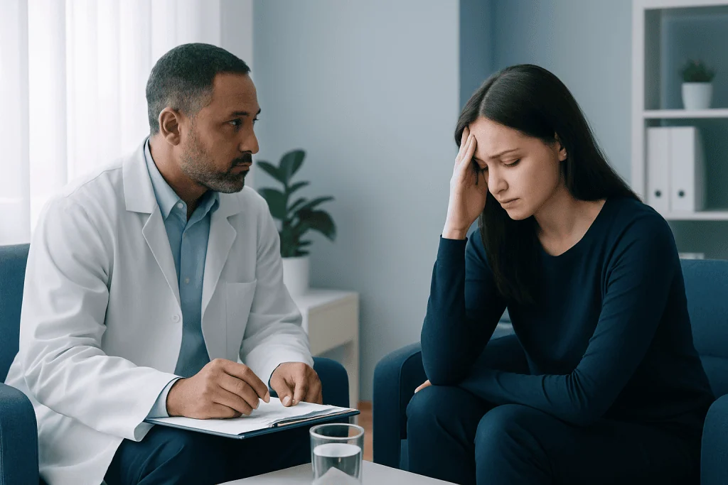 Therapist listening to a woman during a counseling session at Acibadem Hospitals.