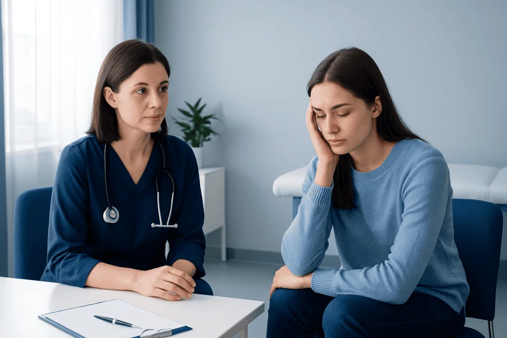 Doctor consulting with a young woman about mental health issues in a clinical setting.
