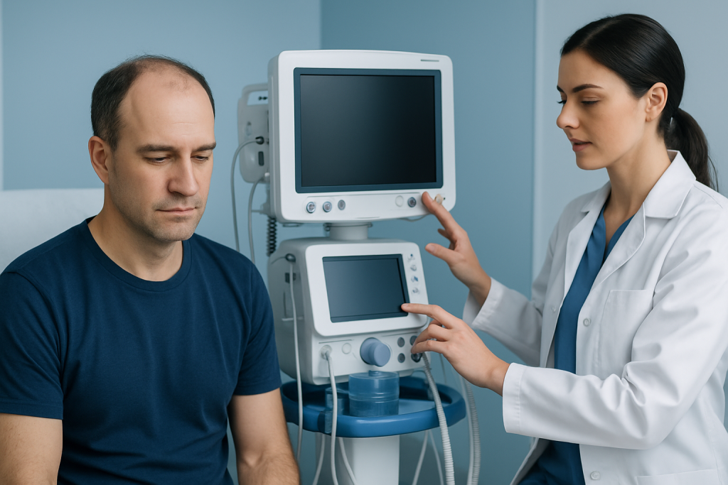 Doctor explains hair loss assessment to patient in clinic.