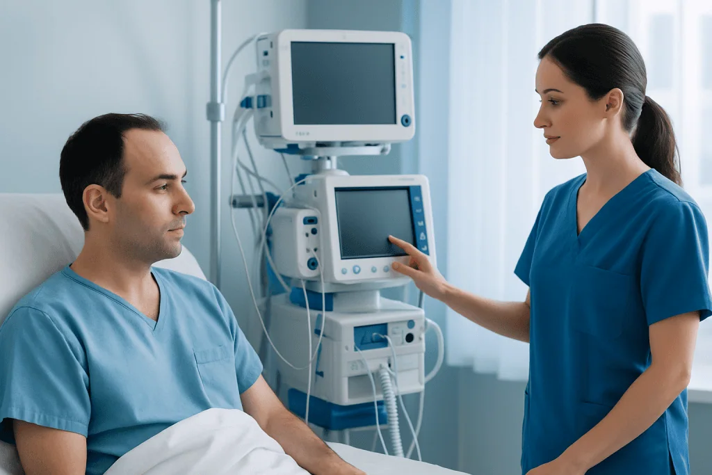 Doctor consulting with patient in hospital room with medical monitors.