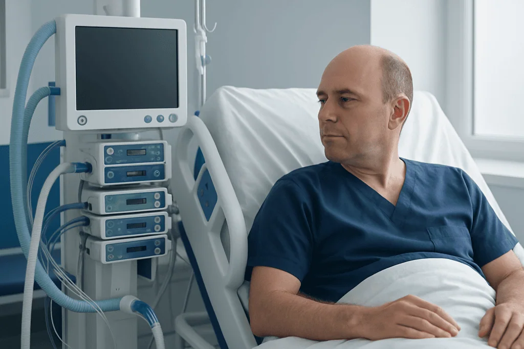 Patient in hospital bed with medical monitors and equipment nearby.