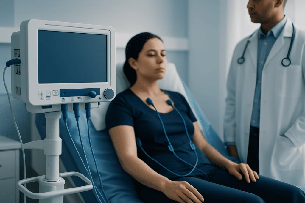 Patient in hospital bed with medical monitor and doctor present.