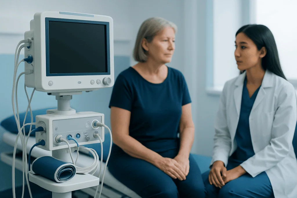 Doctor consulting an elderly patient in a hospital room with medical equipment.