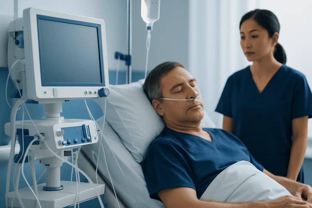 Patient in hospital bed with medical monitor and healthcare professional nearby.