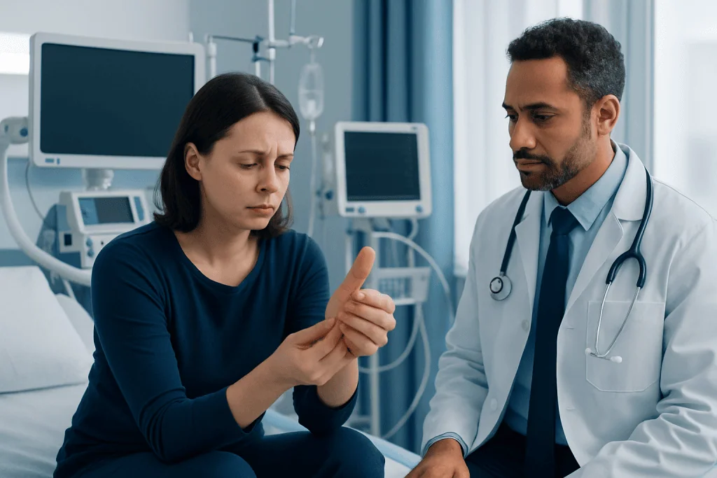 Doctor examining a patient's wrist in a hospital room.