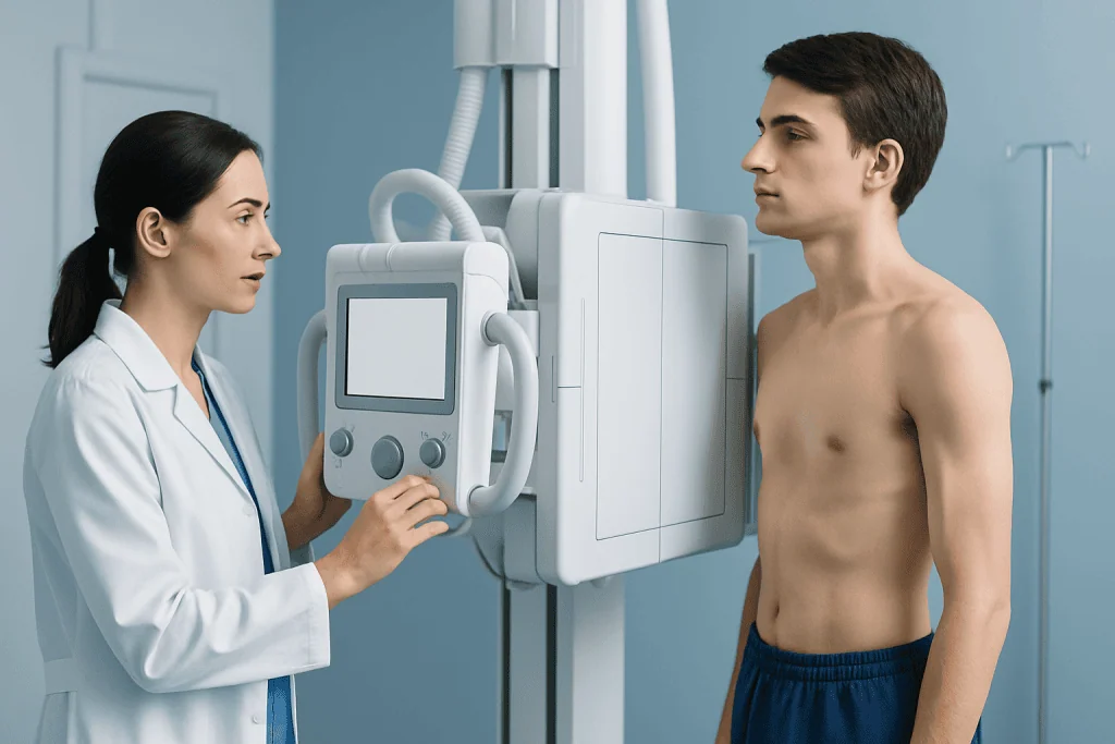 Medical professional performing chest X-ray on a young male patient.