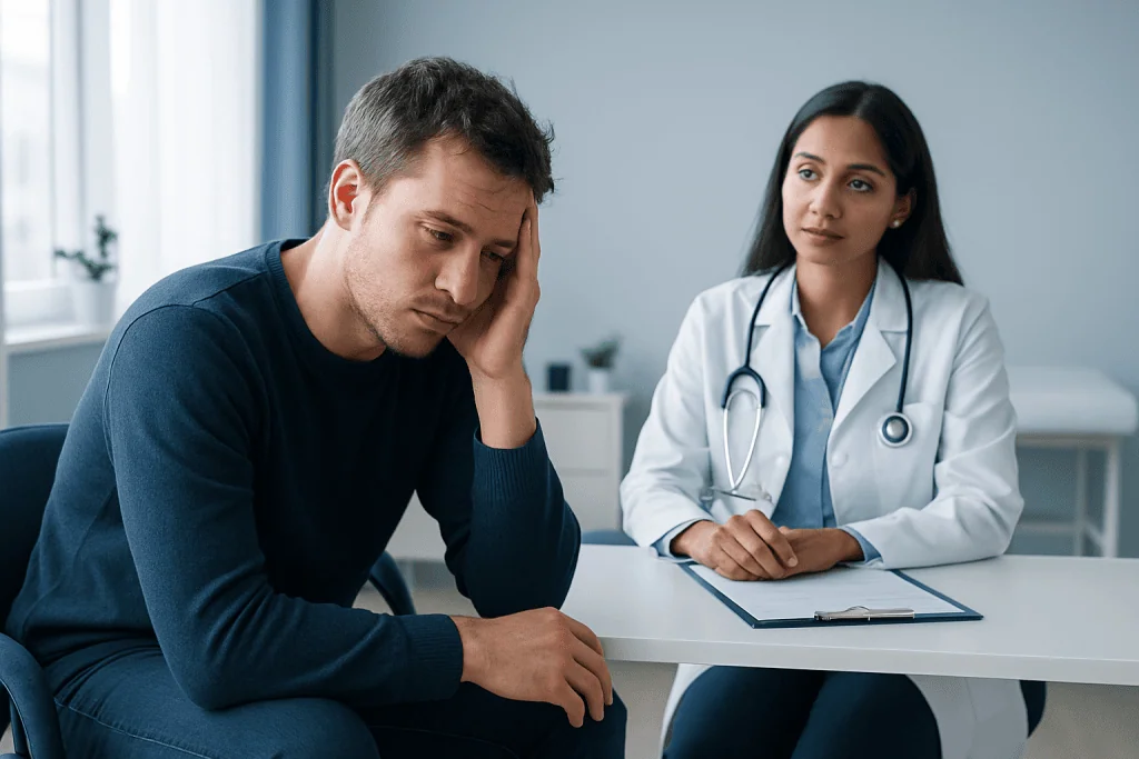 Young man consulting with a doctor about health concerns in a medical office.