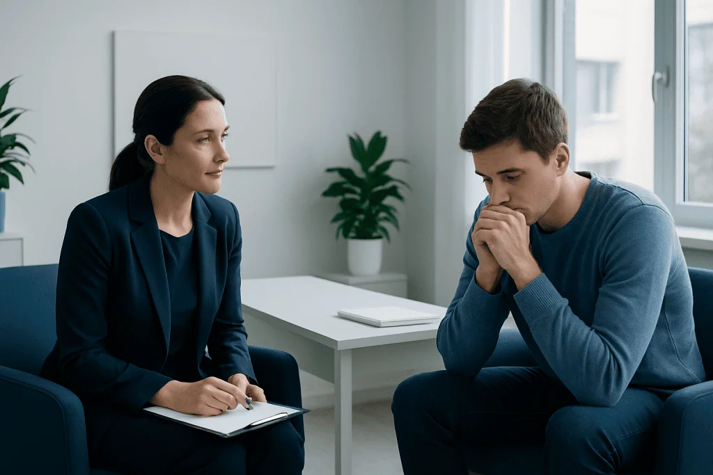 Therapist and patient in a counseling session discussing social anxiety.