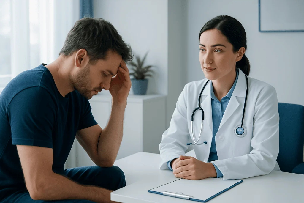 Patient distressed during medical consultation with doctor at clinic.