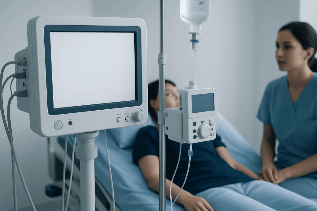 Hospital room with patient and nurse near medical monitors and IV drip.