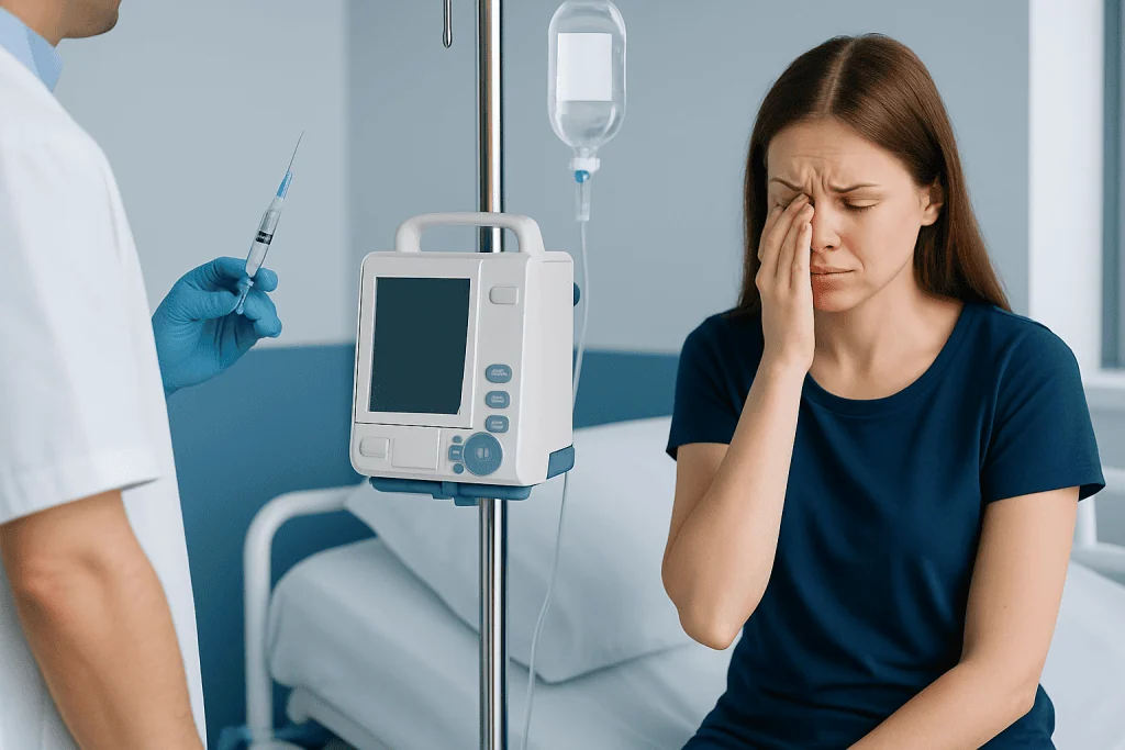 Young woman experiencing needle phobia during medical treatment at Acibadem Hospital.