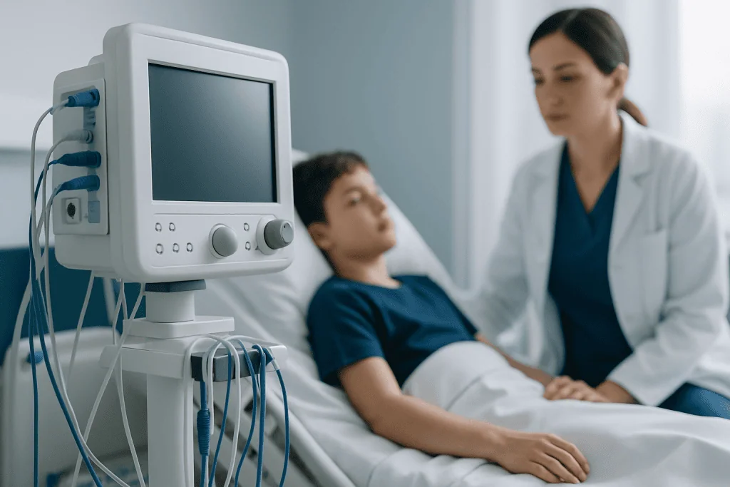 Child patient in hospital bed with medical monitor and doctor.