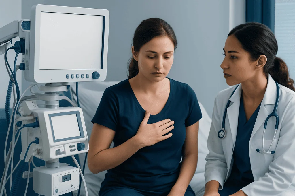 Medical consultation with a patient and doctor in a hospital setting.