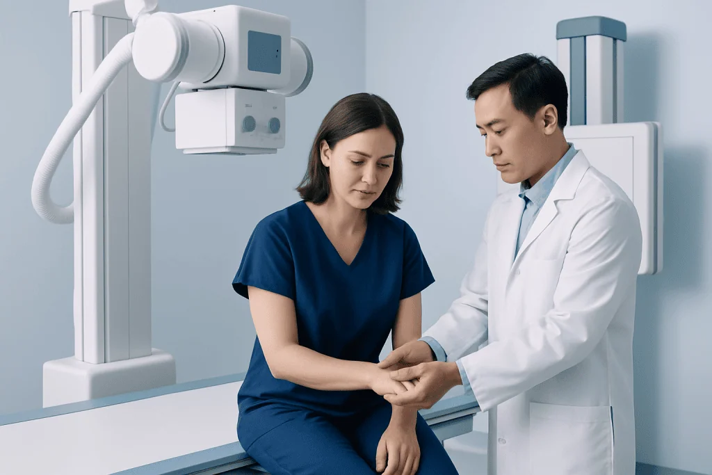 Doctor examining patient's wrist in a modern hospital setting.