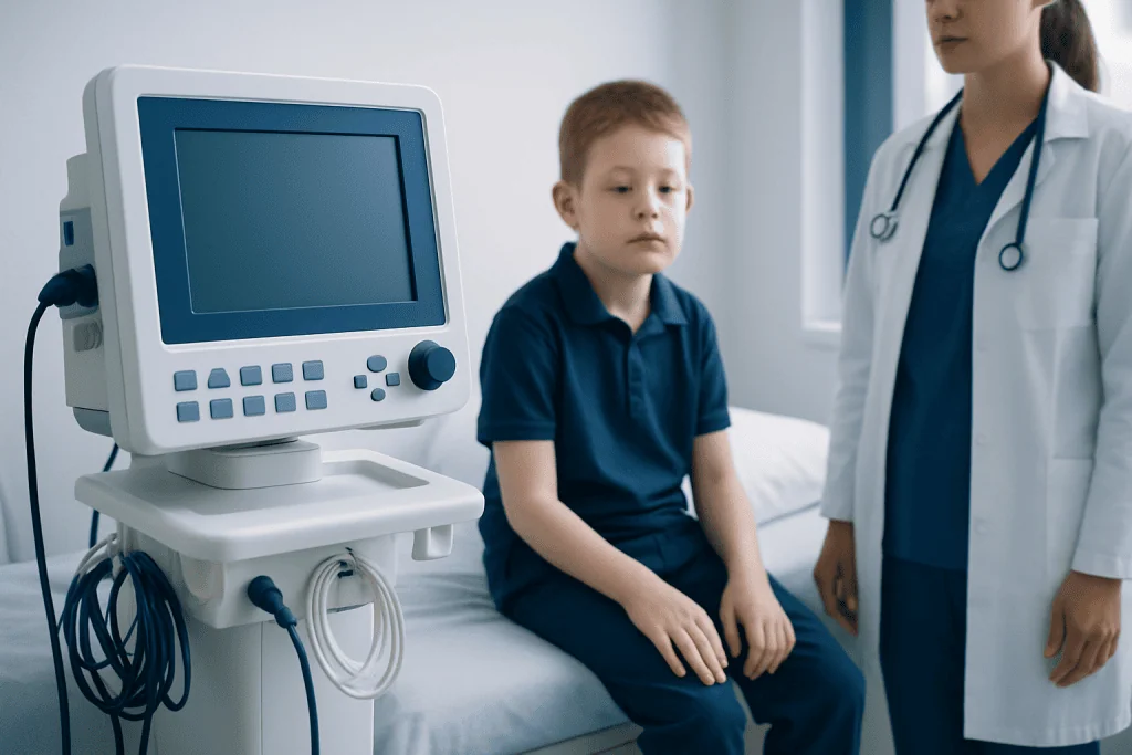 Child patient with doctor in hospital room near medical monitor.
