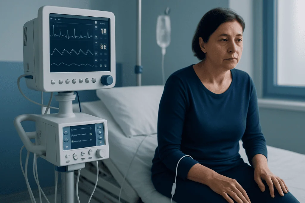 Patient in hospital room with vital signs monitor and IV drip.