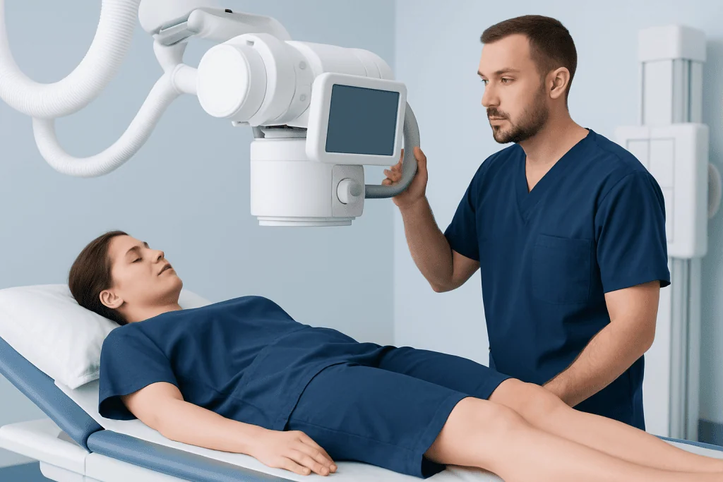 Medical professional performing X-ray on patient in hospital setting.