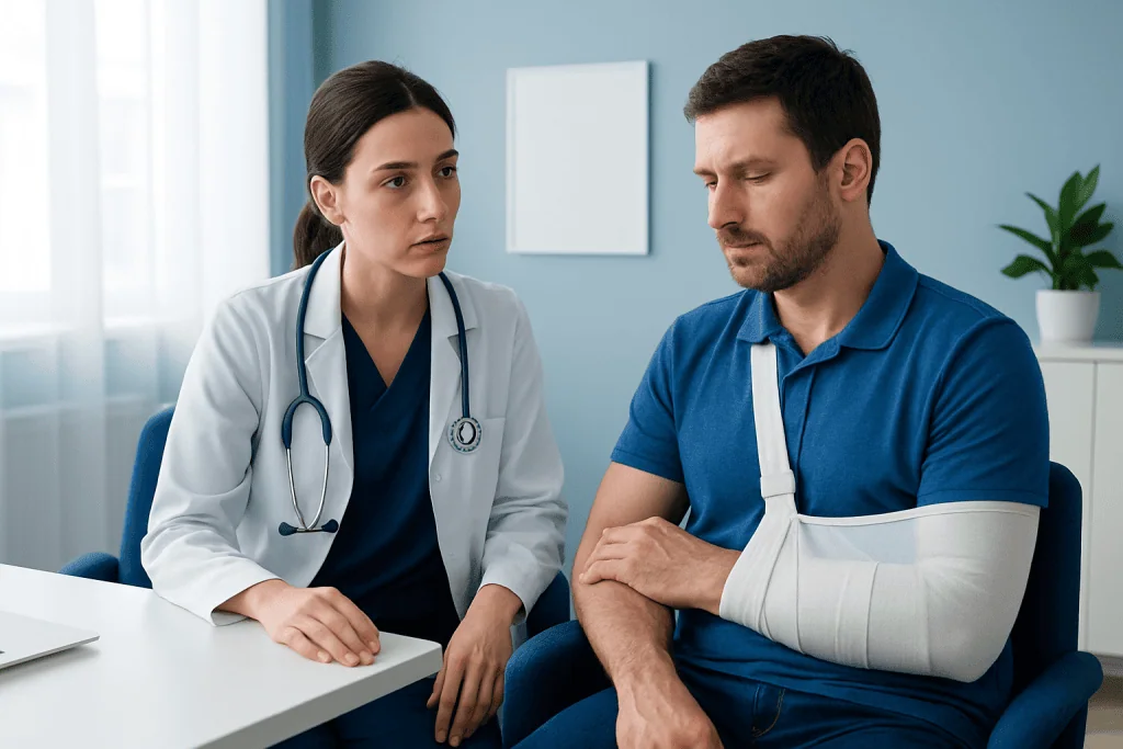 Doctor consulting with patient with arm injury in clinic setting.