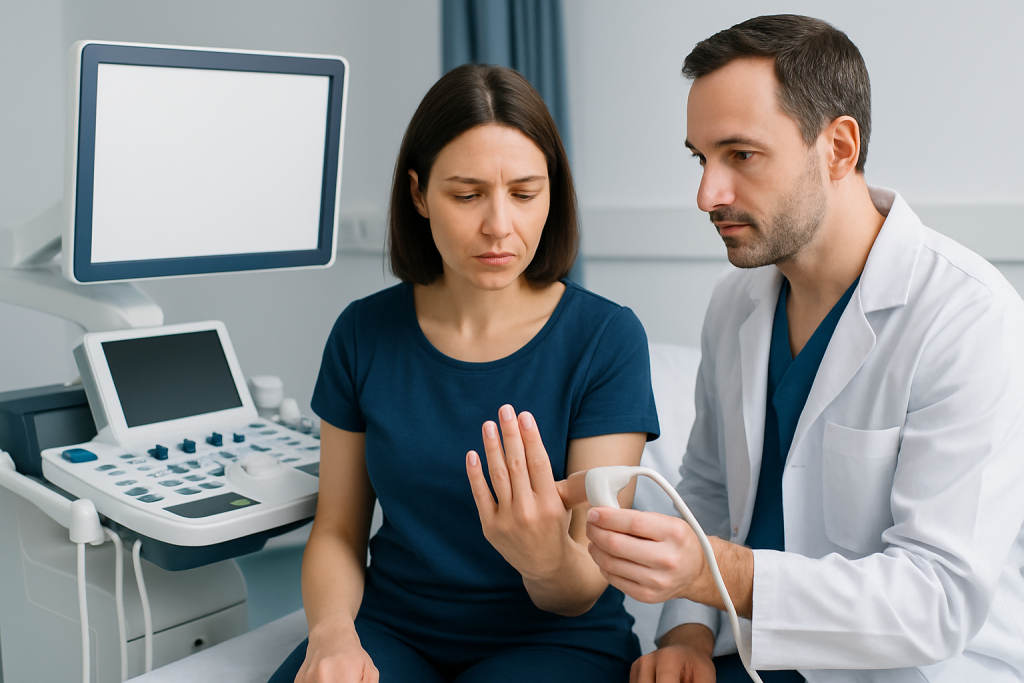 Doctor examining patient's hand in a medical consultation room.