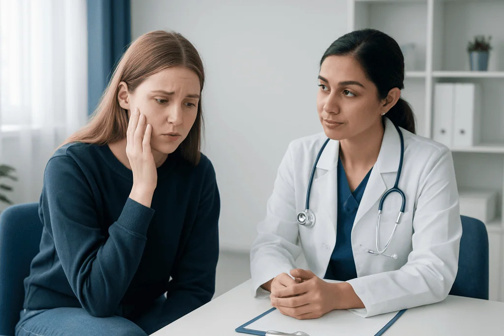 Doctor consulting with a worried woman about facial concerns.