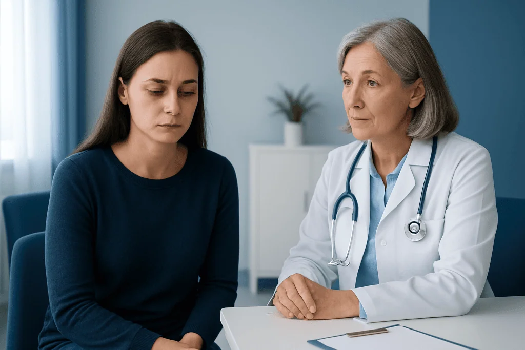 Doctor consulting with a young woman patient in a medical office.