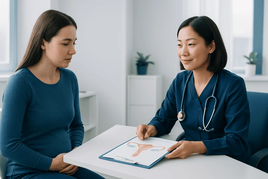 Doctor explaining ovulation and reproductive health to a patient.