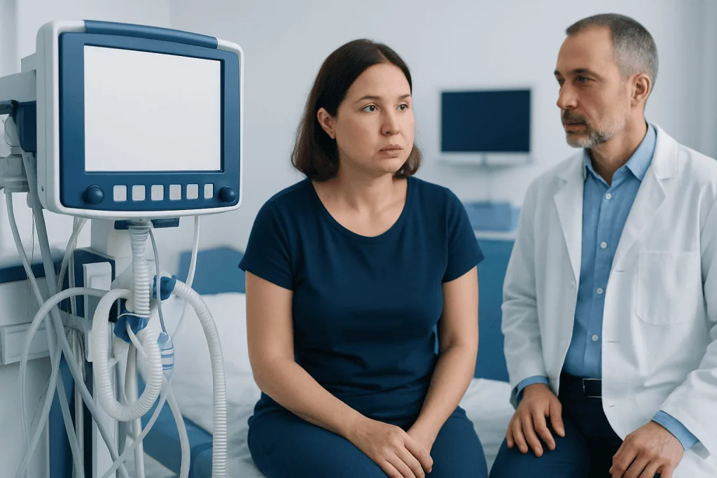 Doctor consulting a patient in a hospital room with medical equipment.
