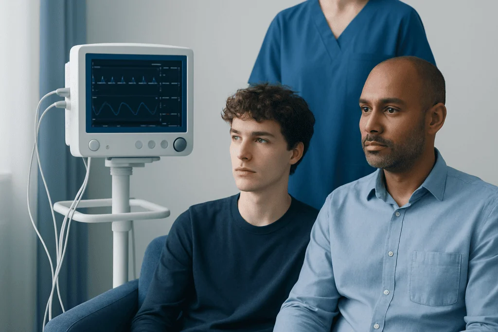 Patient undergoing cardiac monitoring in a hospital setting.