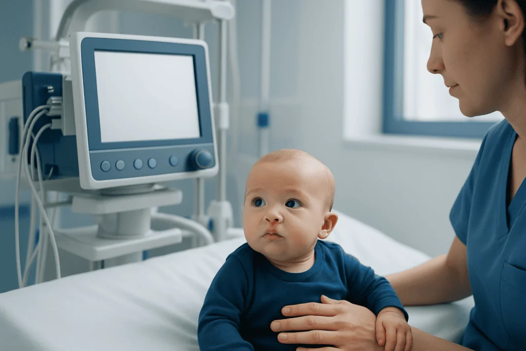 Pediatric patient with healthcare professional in hospital room.