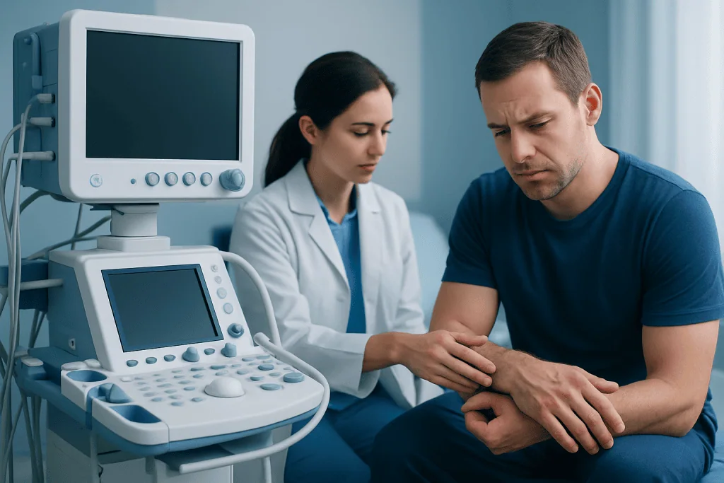 Doctor examining patient's wrist with ultrasound device in clinic.