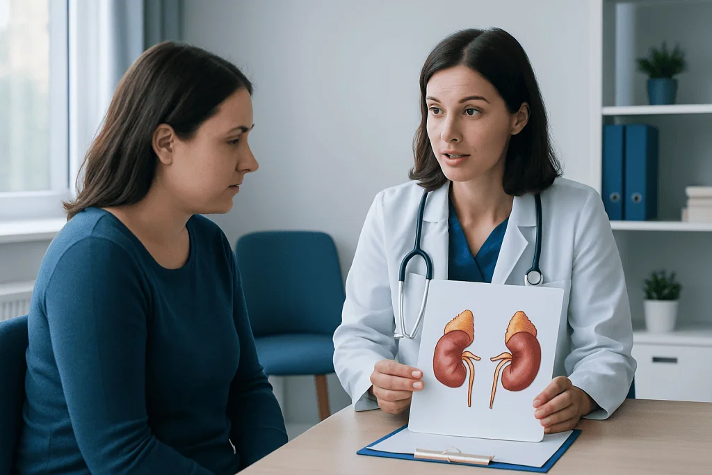 Doctor explaining adrenal glands to a patient in a medical consultation.
