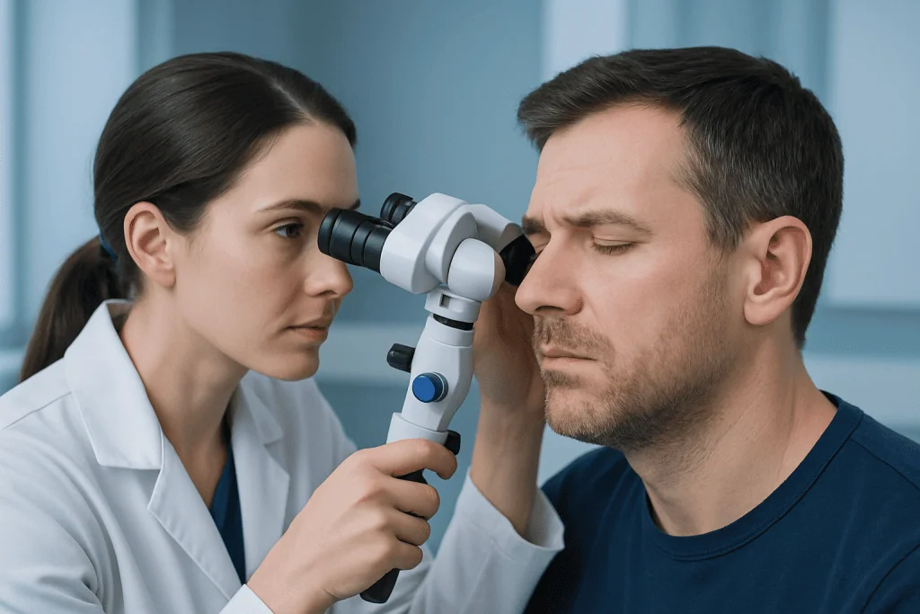 Doctor examining patient's ear with a microscope in a clinical setting.