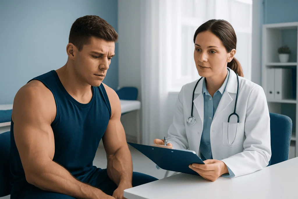 Patient consulting with doctor about health concerns in a medical office.