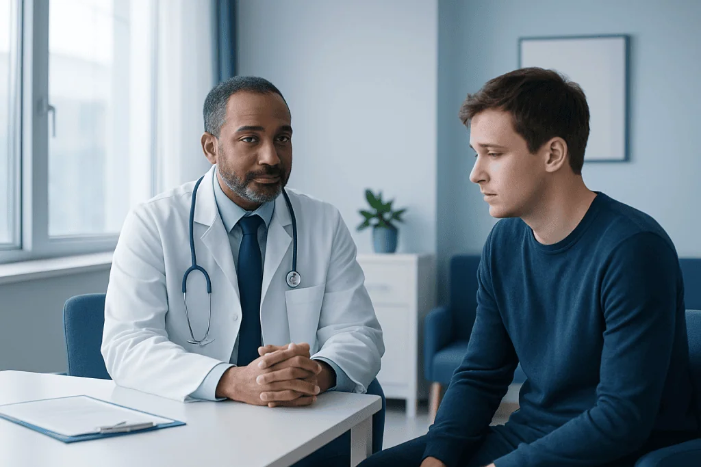 Doctor consulting with a young male patient in a medical office.