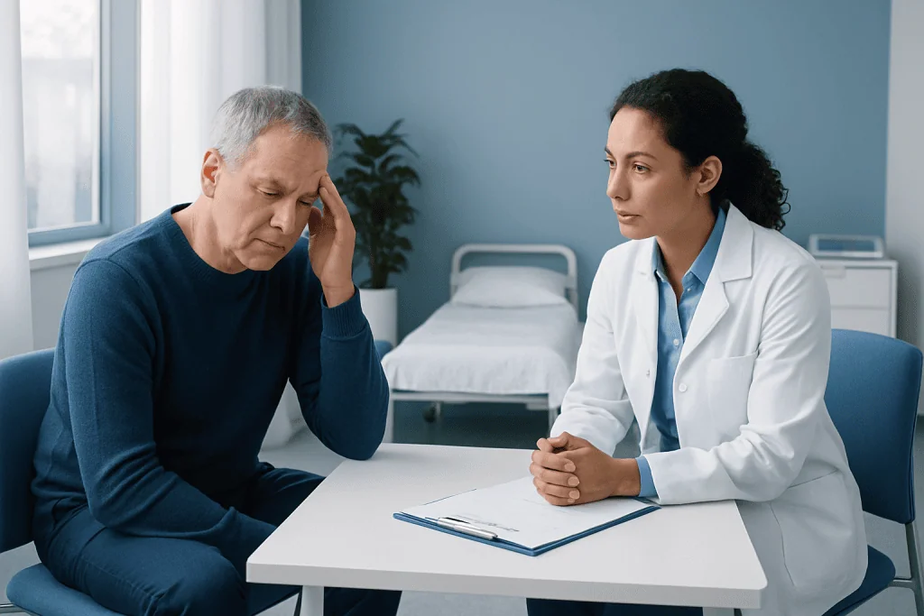 Patient consulting with doctor about cognitive health concerns.