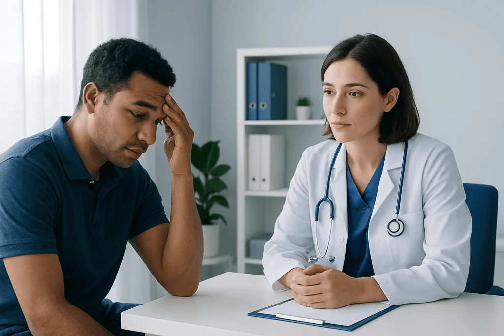 Doctor consulting with a patient experiencing dehydration symptoms in a clinic.